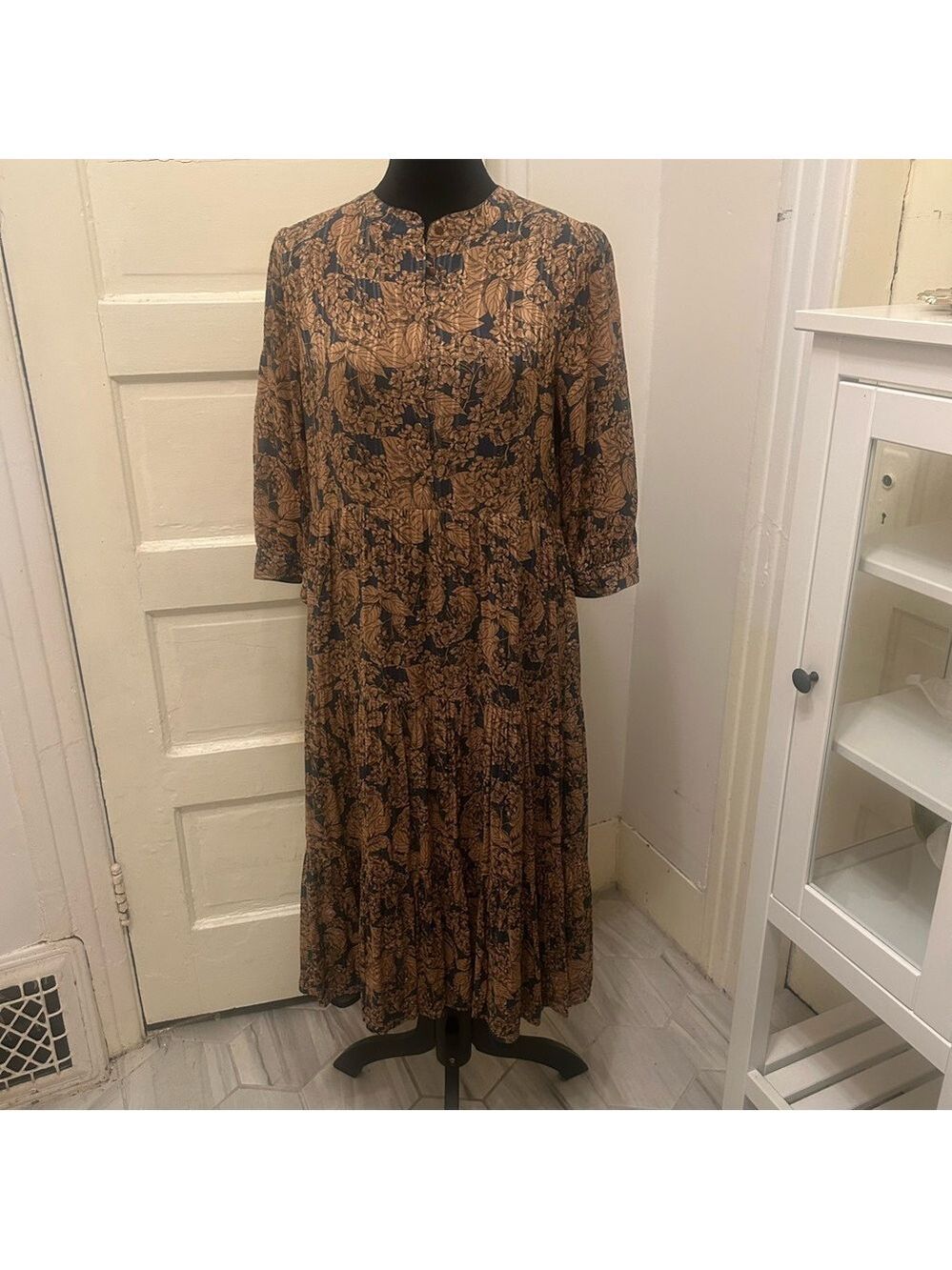 Lollys Laundry Copenhagen Netallic Drop Waist Tiered Floral Print Midi Dress